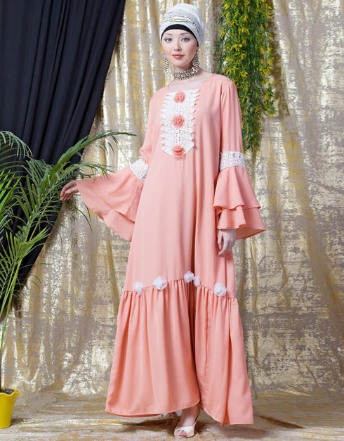 Dubai Bell Sleeve flowers around knee party Abaya Peach